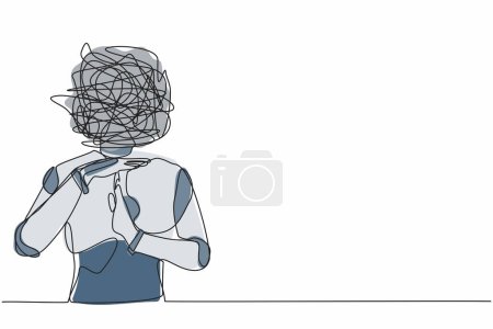 Illustration for Single continuous line drawing robot with round scribbles instead of head. Stop working, time break gesture, timeout signal. Pause. Robotic artificial intelligence. One line design vector illustration - Royalty Free Image