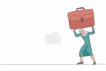 Ilustración de Una línea continua dibujando a una empresaria árabe llevando un pesado maletín en su espalda. Ansiedad y sobrecarga de trabajo. Trabajadora presionada con responsabilidad. Ilustración vectorial de diseño de línea única - Imagen libre de derechos