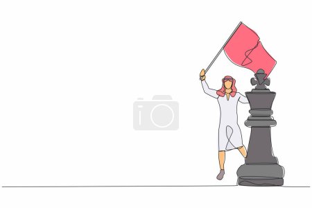 Illustration for Single continuous line drawing Arabian businessman waving flag on king chess piece metaphor of win competition. Successful and superiority in business. One line draw graphic design vector illustration - Royalty Free Image