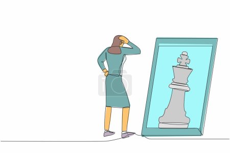 Téléchargez les illustrations : Une seule ligne dessinant une jeune femme d'affaires debout devant un miroir, reflétant le roi des échecs. Métaphore de confiance. Succès des affaires, opportunités. Illustration vectorielle de dessin en ligne continue - en licence libre de droit