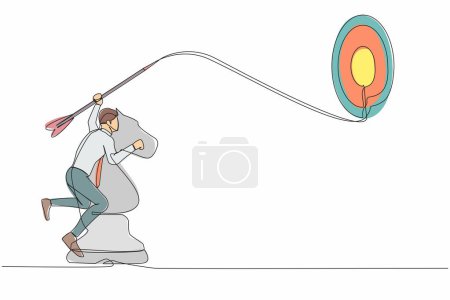 Ilustración de Una sola línea dibujando precisión hombre de negocios sosteniendo flecha dardo y apuntando objetivo mientras monta pieza de ajedrez caballo. Logro del gerente de éxito. Dibujo de línea continua diseño gráfico vector ilustración - Imagen libre de derechos