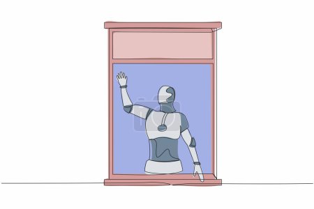 Ilustración de Robot de dibujo continuo de una línea saludando a la ventana como para saludar o invitar a amigos a entrar. Organismo cibernético robot humanoide. Futuro robótico. Ilustración vectorial de diseño de línea única - Imagen libre de derechos