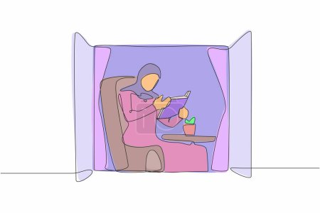 Ilustración de Una sola línea continua dibujando un libro de lectura de mujer árabe joven. Lectora de negocios. Persona actualizar el conocimiento, sentado en sillón por ventana en la sala de estar. ilustración vectorial de diseño gráfico de una línea - Imagen libre de derechos