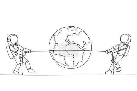 Ilustración de Single one line drawing two astronauts fighting over globe. Tight competition won the schedule for the first return to the earth. Complete expedition tasks. Continuous line design graphic illustration - Imagen libre de derechos
