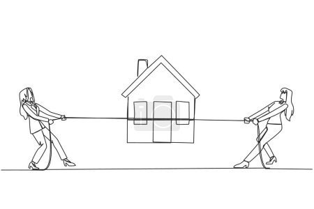 Continuous one line drawing two businesswomen fight over miniature house. Compete to get decent life in retirement. The most comfortable place. Investment. Single line draw design vector illustration