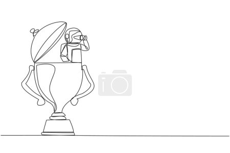 Ilustración de Single one line drawing astronaut emerges from trophy looking for something with binoculars. Looks for other awards can be obtained when returning to earth. Continuous line design graphic illustration - Imagen libre de derechos