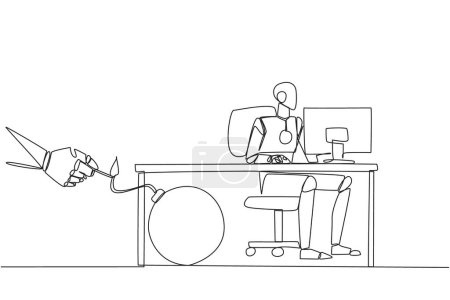 Ilustración de Single one line drawing smart robot typing at a computer desk. Trapped by business partner. A bomb that could explode at any time. Betrayed by a colleague. Continuous line design graphic illustration - Imagen libre de derechos