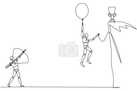 Ilustración de Continuous one line drawing smart robot wants to achieve prizes at the peak of the career. Getting resistance from all directions. Painful failure. Traitor. Single line draw design vector illustration - Imagen libre de derechos