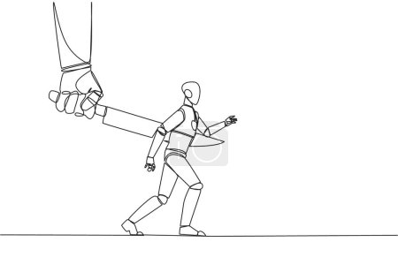 Ilustración de Single one line drawing robotic stabbed in the back by a large knife. Cheated to ruin by a business partner. An enemy disguised as a friend. The traitor. Continuous line design graphic illustration - Imagen libre de derechos