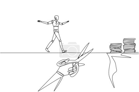 Ilustración de Continuous one line drawing the smart robot walking on tightrope from one cliff to another. Failed to move to much better place. Cheated by business friend. Single line draw design vector illustration - Imagen libre de derechos