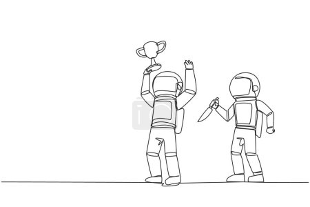 Ilustración de Single continuous line drawing the astronaut standing lifting trophy. Business friends prepare to stab in the back. Unhealthy business competition. The traitor. One line design vector illustration - Imagen libre de derechos