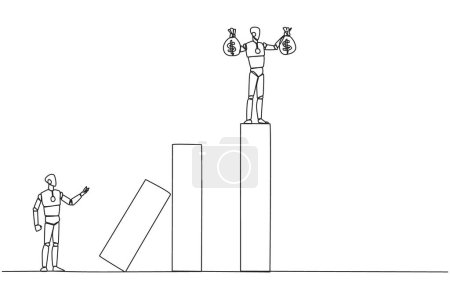 Ilustración de Single continuous line drawing the smart robot standing on the bar lifting two money bags. Fake partner. The envy friend. Sabotage happiness. The traitor on office. One line design vector illustration - Imagen libre de derechos