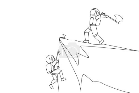 Ilustración de Single continuous line drawing the young astronaut climbs cliff with rope. Almost successful. Rudely dropped by a business friend. Fake partner. The worst teamwork. One line design vector illustration - Imagen libre de derechos