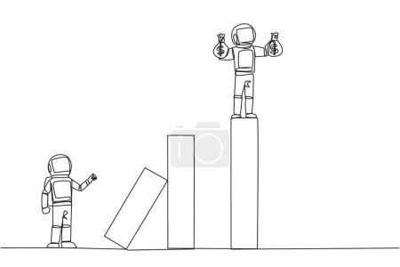 Ilustración de Continuous one line drawing the astronaut standing on the bar lifting money bag. Fake partner. The envy friend. Sabotage happiness. The traitor on office. Single line draw design vector illustration - Imagen libre de derechos