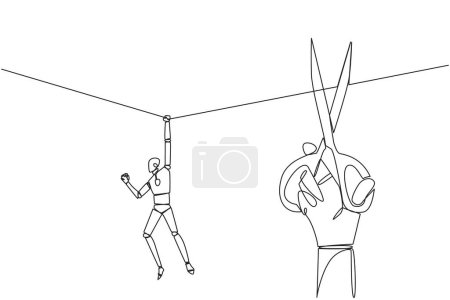 Ilustración de Continuous one line drawing the robot hanging from rope. A big hand that want to cut the rope. Maintaining a nearly useless business. Thwarted by traitors. Single line draw design vector illustration - Imagen libre de derechos