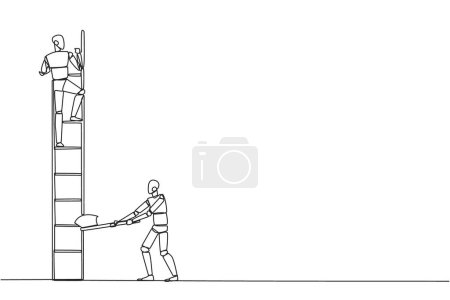 Ilustración de Single continuous line drawing smart robot climbs the ladder to achieve the expected reward. Destroyed silently. Business failed to develop. Destroyed by traitors. One line design vector illustration - Imagen libre de derechos