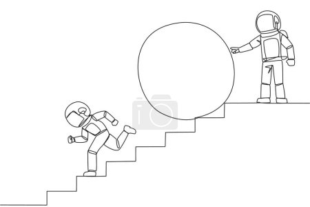 Ilustración de Single continuous line drawing the astronaut running down stairs avoiding big ball. Attacked by business friends. Traitor in business. Cheating in business. Betray. One line design vector illustration - Imagen libre de derechos