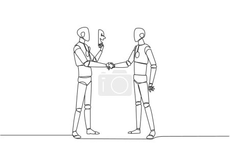Illustration for Single one line drawing the two robots shaking hands. One of them has two faces. Full of falsehood. Fake friend. Worst teamwork. Business betrayal. Traitor. Continuous line design graphic illustration - Royalty Free Image