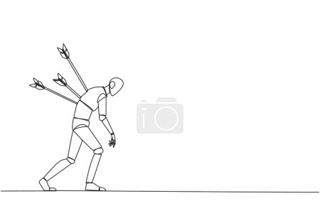 Ilustración de Single one line drawing smart robot standing and several arrows stuck in the back. Attacked from behind. Destroyed and helpless. Fake partner. Traitor. Continuous line design graphic illustration - Imagen libre de derechos