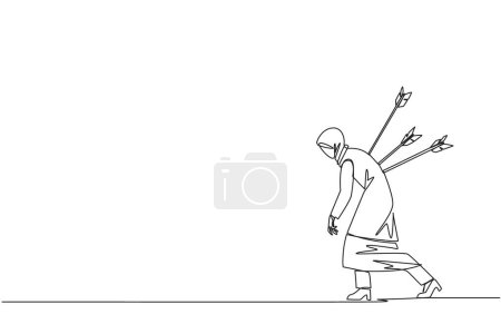Ilustración de Single continuous line drawing Arab businesswoman stands and several arrows stuck in the back. Attacked from behind. Destroyed and helpless. Fake partner. Traitor. One line design vector illustration - Imagen libre de derechos