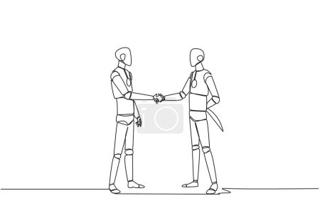 Ilustración de Single one line drawing two smart robots shaking hands. One of them holding a knife behind the back. Getting ready to stab. Must win at all costs. Traitor. Continuous line design graphic illustration - Imagen libre de derechos