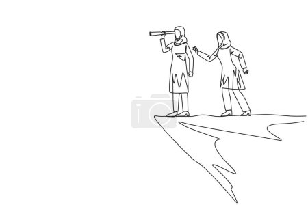 Ilustración de Continuous one line drawing Arab businesswoman monitoring something at the edge of cliff using binocular. Monitoring business. Taken down by traitor from behind. Single line design vector illustration - Imagen libre de derechos