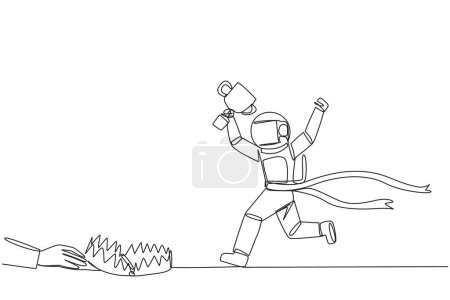 Ilustración de Continuous one line drawing astronaut running with trophy. Dangerous business trap. A trap that really brings down a business. Fake friend. Traitor. Rival. Single line draw design vector illustration - Imagen libre de derechos