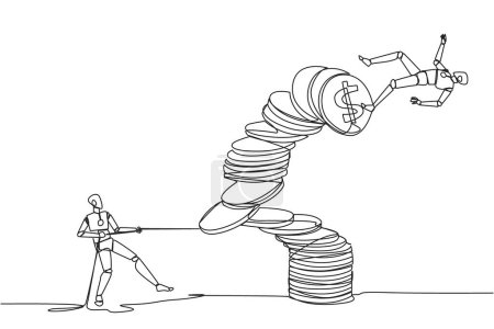 Ilustración de Continuous one line drawing robotic pull one of a piles of coins who made the person on top fall. Business fraud. Misappropriation of office money. Traitor. Single line draw design vector illustration - Imagen libre de derechos