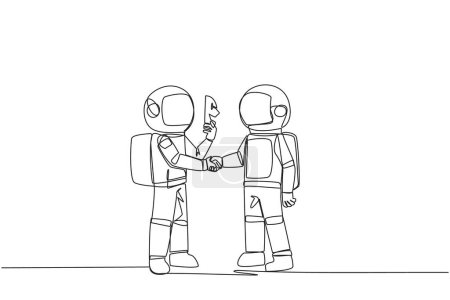 Ilustración de Single continuous line drawing two astronauts shaking hands. One of them has two faces. Full of falsehood. Fake friend. Worst teamwork. Business betrayal. Traitor. One line design vector illustration - Imagen libre de derechos