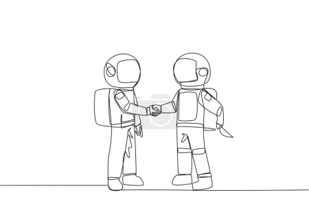 Ilustración de Single continuous line drawing two astronauts shaking hands. One of them holding a knife behind the back. Getting ready to stab. Must win at all costs. Traitor. One line design vector illustration - Imagen libre de derechos