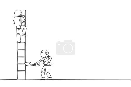 Ilustración de Single one line drawing astronaut climbs the ladder to achieve the expected reward. Destroyed silently. Business failed to develop. Destroyed by traitors. Continuous line design graphic illustration - Imagen libre de derechos