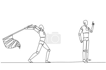Ilustración de Continuous one line drawing the robot who comes up with an idea. A brilliant idea that will be stolen by a business partner. Cheating in business. Betrayal. Single line draw design vector illustration - Imagen libre de derechos