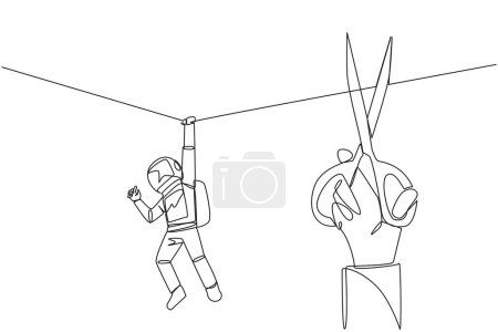 Ilustración de Single one line drawing the astronaut hanging from rope. A big hand that want to cut the rope. Maintaining a nearly useless business. Thwarted by traitors. Continuous line design graphic illustration - Imagen libre de derechos