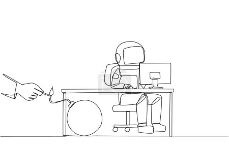 Ilustración de Single one line drawing astronaut typing at a computer desk. Trapped by business partner. A bomb that could explode at any time. Betrayed by a colleague. Continuous line design graphic illustration - Imagen libre de derechos