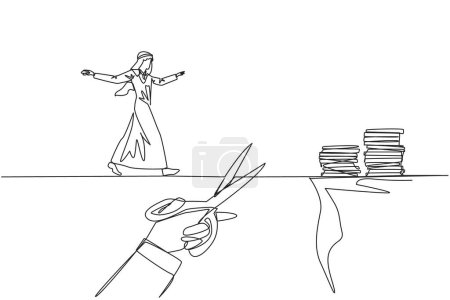 Ilustración de Continuous one line drawing Arabian businessman walking on tightrope from one cliff to another. Failed to move to much better place. Cheated by colleague. Single line draw design vector illustration - Imagen libre de derechos