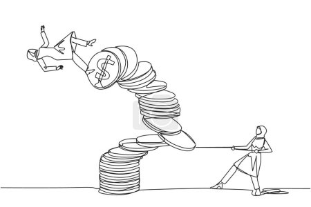 Ilustración de Continuous one line drawing Arabian businesswoman pull one of piles of coins who made person on top fall. Fraud. Misappropriation of office money. Traitor. Single line draw design vector illustration - Imagen libre de derechos