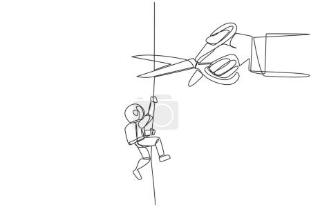 Ilustración de Continuous one line drawing astronaut climbing rope. Metaphor of struggling to advance business. Business failed to develop. Sabotaged by business friends. Single line draw design vector illustration - Imagen libre de derechos