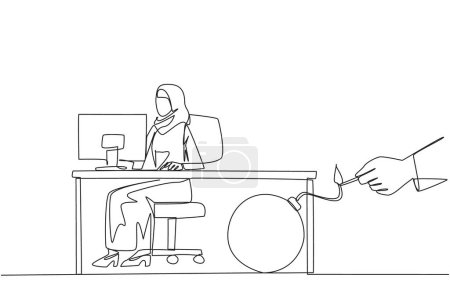 Ilustración de Continuous one line drawing Arab businesswoman typing at computer. Trapped by business partner. Bomb that could explode at any time. Betrayed by colleague. Single line draw design vector illustration - Imagen libre de derechos