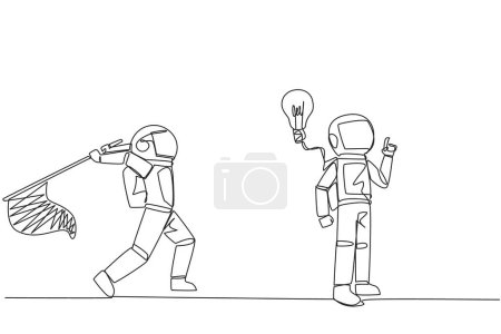 Ilustración de Continuous one line drawing astronaut who comes up with an idea. A brilliant idea that will be stolen by a business partner. Cheating in business. Betrayal. Single line draw design vector illustration - Imagen libre de derechos