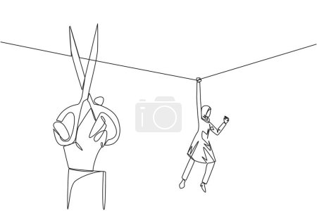 Ilustración de Single one line drawing Arab businesswoman hanging from rope. Big hand want to cut the rope. Maintaining a nearly useless business. Thwarted by traitors. Continuous line design graphic illustration - Imagen libre de derechos