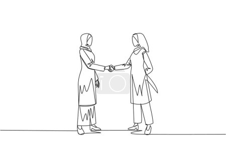 Ilustración de Single one line drawing two Arab businesswomen shaking hands. One of them holds knife behind back. Getting ready to stab. Must win at all costs. Traitor. Continuous line design graphic illustration - Imagen libre de derechos