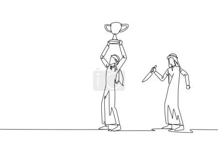 Ilustración de Single one line drawing Arab businessman standing lifting trophy. Business friends prepare to stab in the back. Unhealthy business competition. The traitor. Continuous line design graphic illustration - Imagen libre de derechos