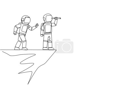 Ilustración de Single one line drawing the astronaut monitoring something at the edge of cliff using binocular. Monitoring business. Taken down by traitor from behind. Continuous line design graphic illustration - Imagen libre de derechos