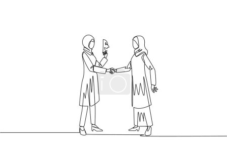 Ilustración de Continuous one line drawing two Arabian businesswomen shaking hands. One of them has two faces. Full of falsehood. Fake friend. Worst teamwork. Betrayal. Single line draw design vector illustration - Imagen libre de derechos