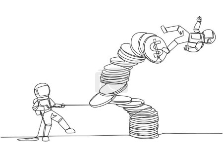 Ilustración de Single one line drawing astronaut pull one of a piles of coins who made the person on top fall. Business fraud. Misappropriation of office money. Traitor. Continuous line design graphic illustration - Imagen libre de derechos
