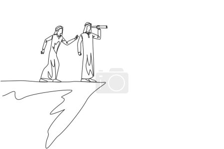 Ilustración de Single continuous line drawing Arab businessman monitoring something at the edge of cliff using binocular. Monitoring business. Taken down by traitor from behind. One line design vector illustration - Imagen libre de derechos