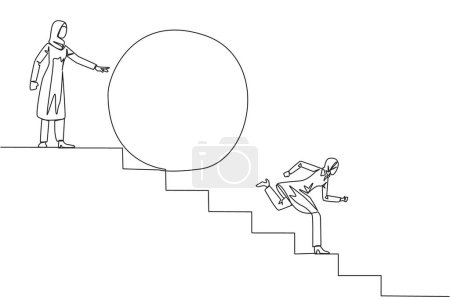 Ilustración de Single continuous line drawing Arabian businesswoman running down stairs avoiding the big ball. Attacked by business friend. Traitor in business. Cheating. Betray. One line design vector illustration - Imagen libre de derechos