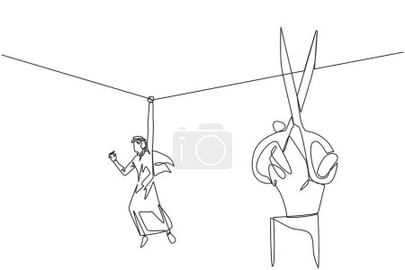 Ilustración de Continuous one line drawing Arab businessman hanging from rope. Big hand want to cut the rope. Maintaining a nearly useless business. Thwarted by traitors. Single line draw design vector illustration - Imagen libre de derechos