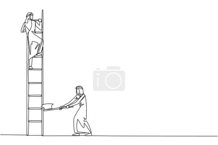 Ilustración de Single continuous line drawing Arab businessman climbs ladder to achieve the expected reward. Destroyed silently. Business failed to develop. Destroyed by traitors. One line design vector illustration - Imagen libre de derechos