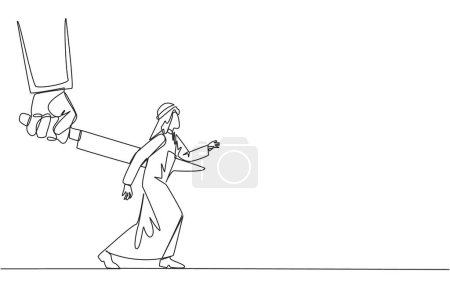 Ilustración de Continuous one line drawing Arab businessman stabbed in back by large knife. Cheated to ruin by a colleague. An enemy disguised as a friend. The traitor. Single line draw design vector illustration - Imagen libre de derechos